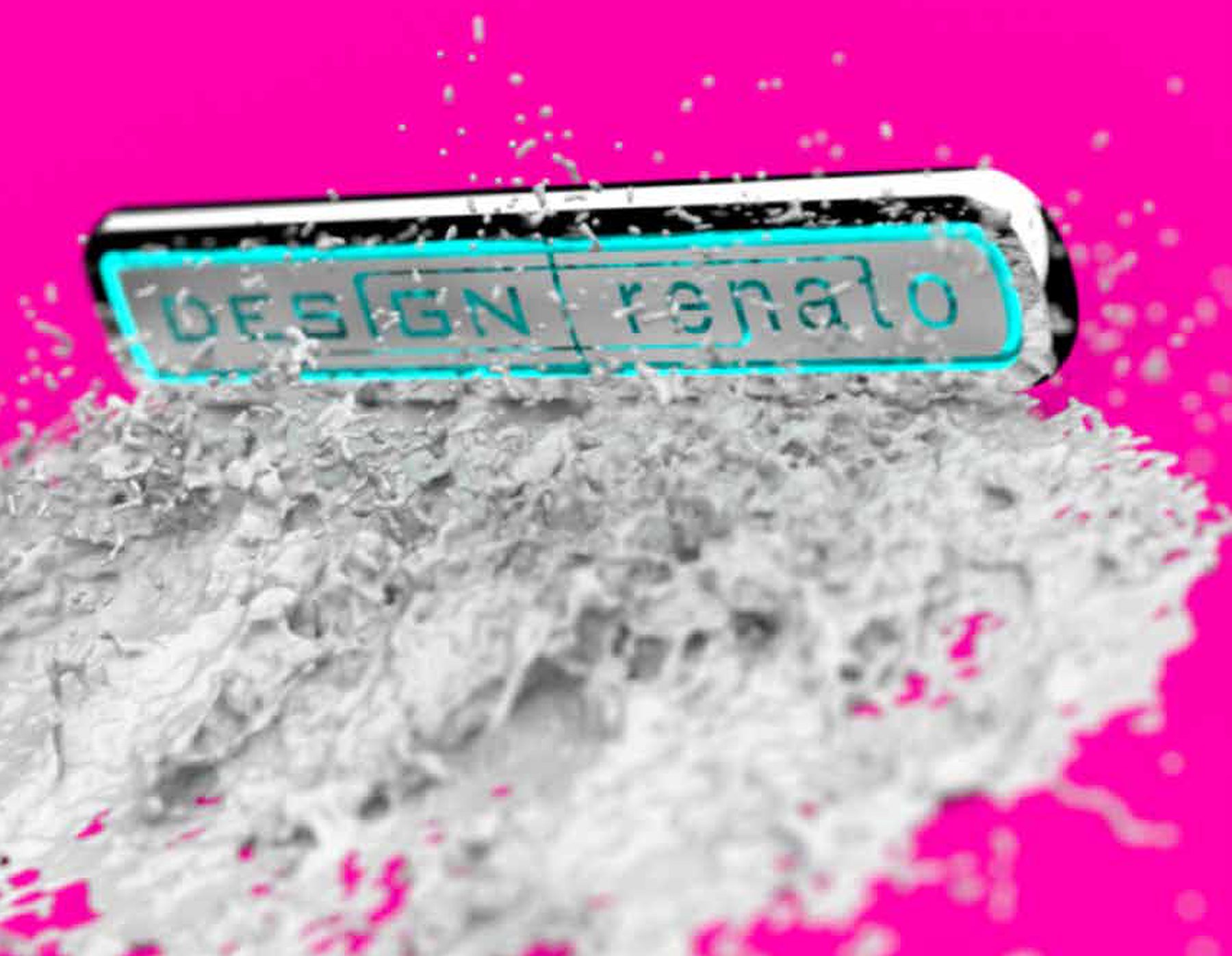 Design Renato stamp in white grit on magenta
