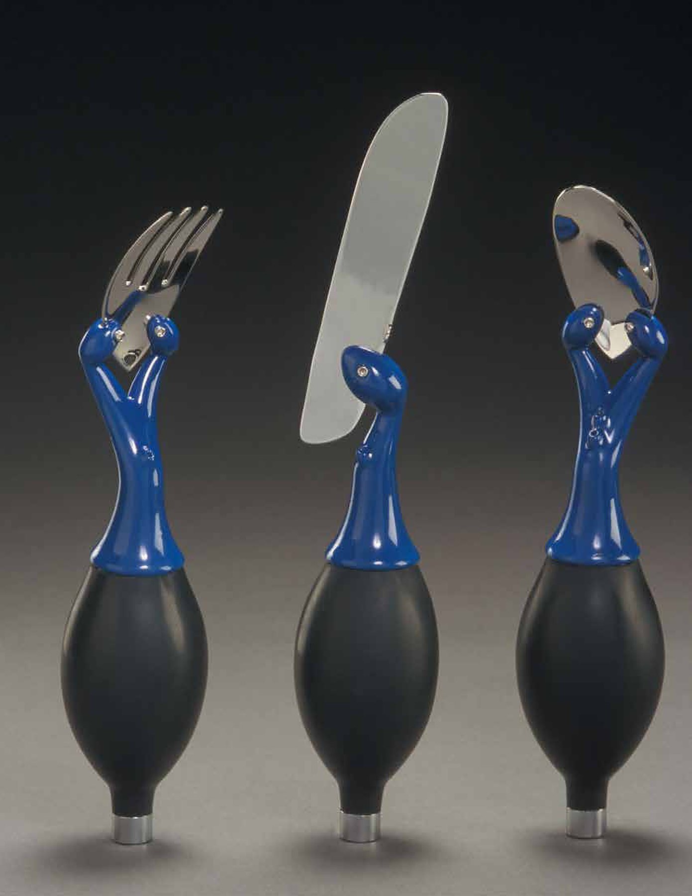 Three blue and black utensil forms
