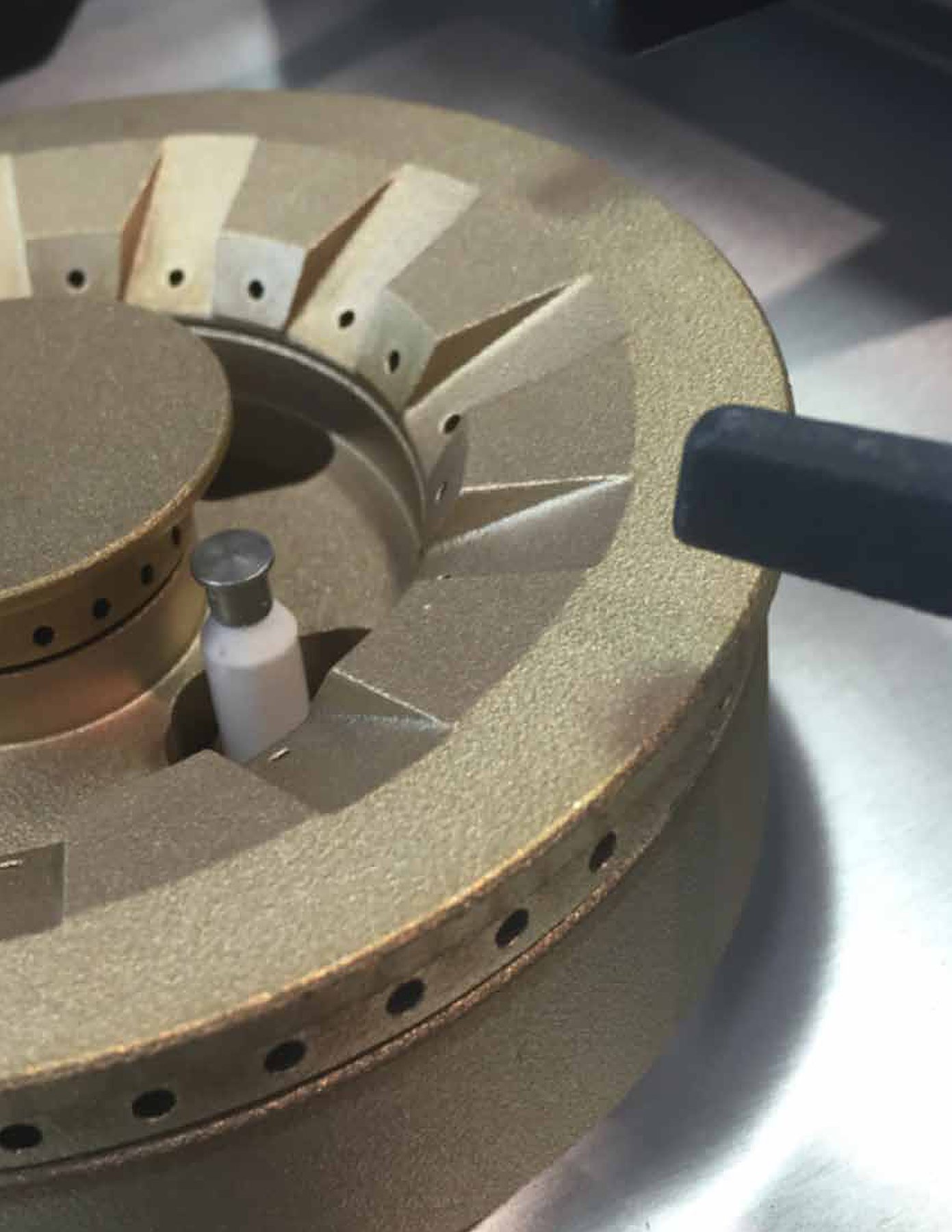 Brass gas burner, close up