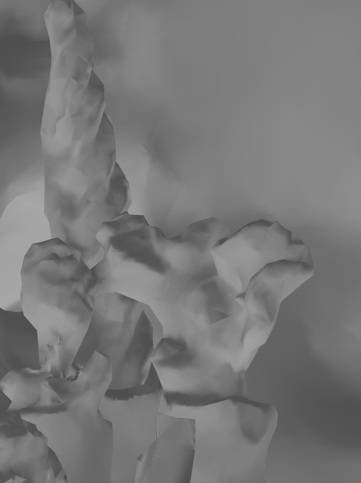 The same scene rendered as a matte clay shading: no texture, no color. Polygon facets clearly visible. The rosettes resolve as lumpen masses; the columnar form as a vertical lump; the pots as faceted pillows.