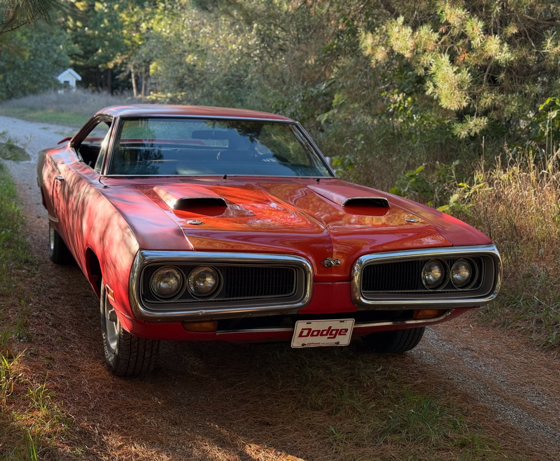 Phil's 1970 Super Bee. FE5 Bright Red, V6W white C-stripe, 440 Six-Pack. Single-stage acrylic enamel sprayed at Hamtramck Assembly.
