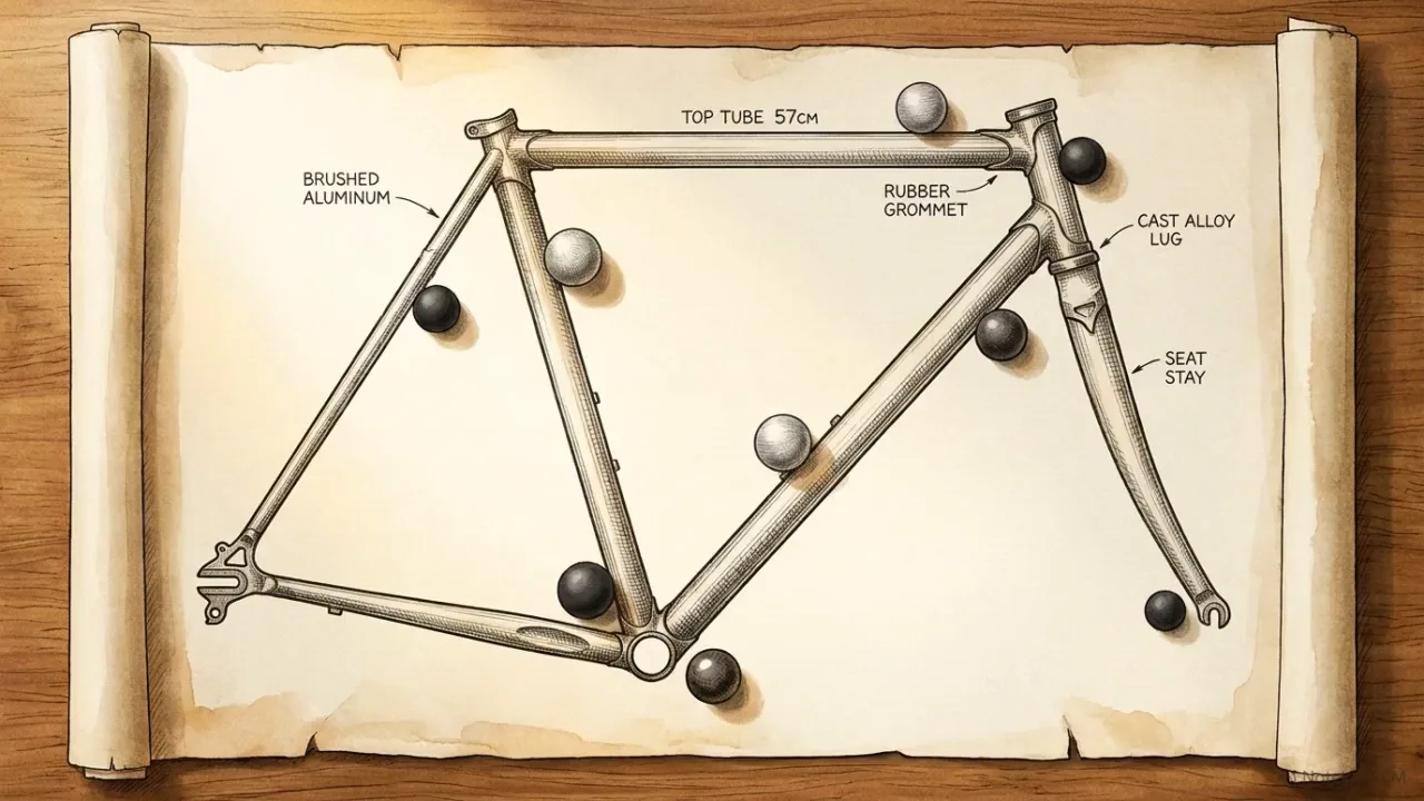 Annotated bicycle frame diagram with grommet and lug callouts — application as the third entity, what the thing IS in the world.