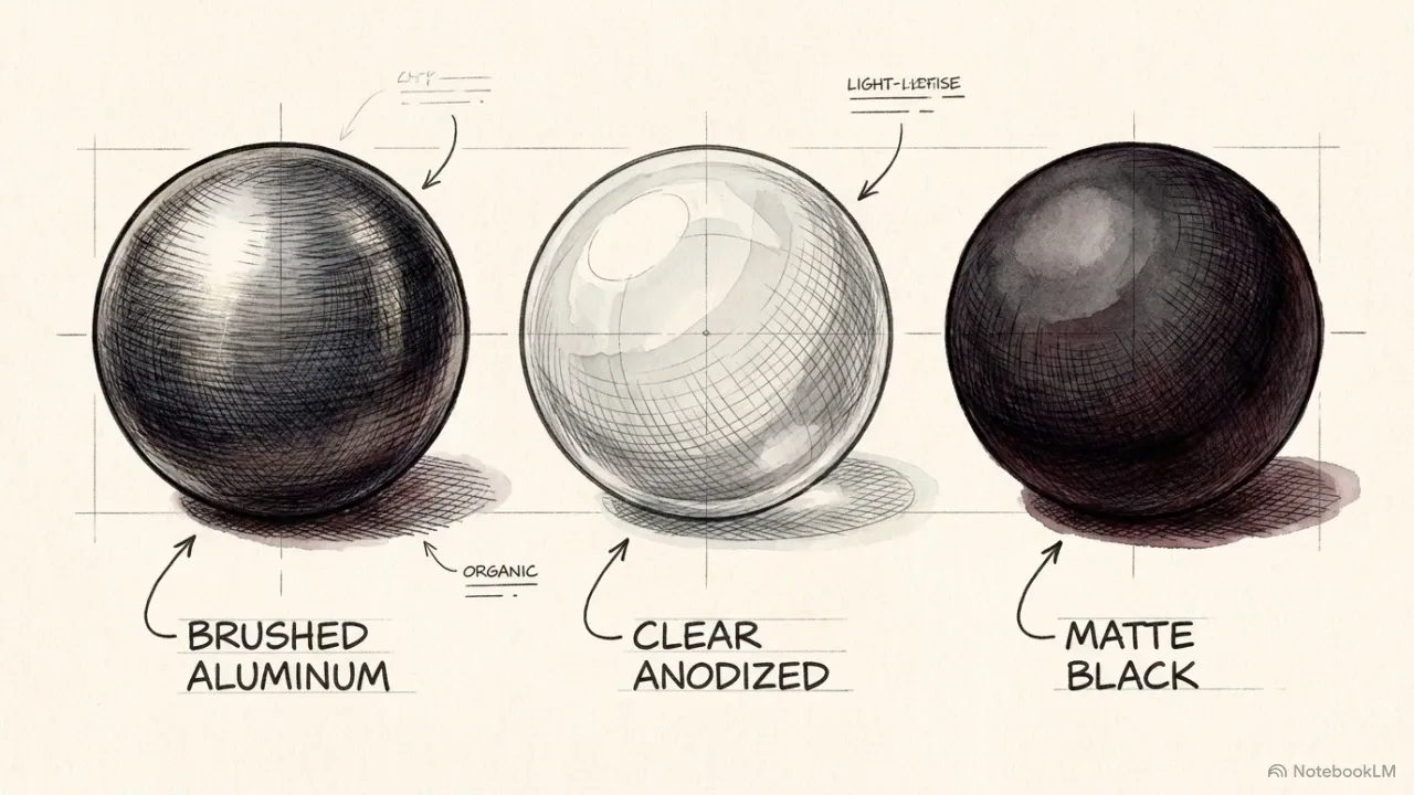 Three sample plates side by side — brushed, clear, matte — finish as the F in CMF, the surface treatment that decides what light does to the material.