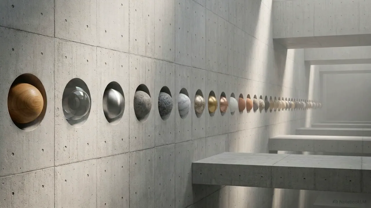 Wall lineup of material spheres in a brutalist gallery — every entity in the database lives somewhere along a wall like this.