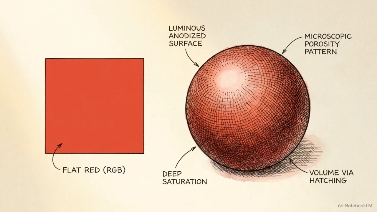 Anodized red sphere with callouts pointing to porosity and color saturation — the physical character a PBR record holds, ready for any modern renderer.