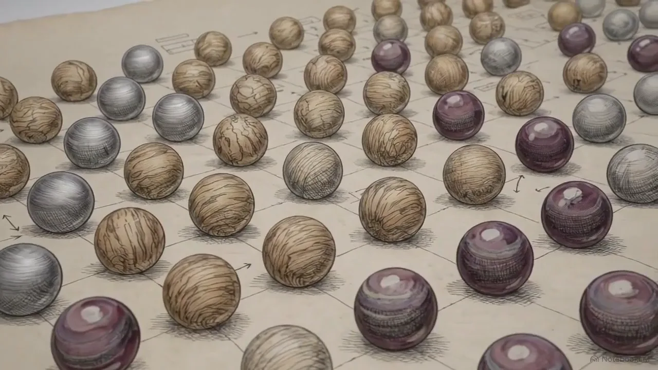 Array of material spheres on a long wall — every entry is a body of physical character, sphered for easy comparison.