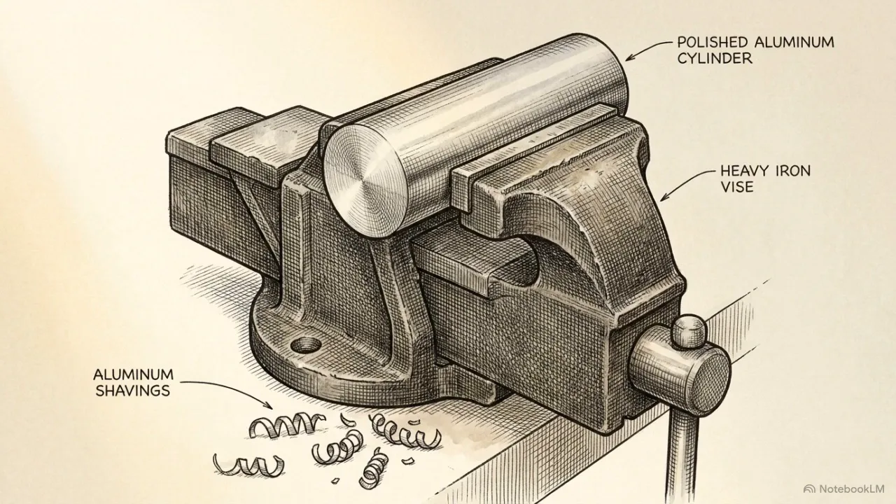 Aluminum cylinder turning in a vise, fresh shavings curling off — process as the second half of how a thing comes into being.