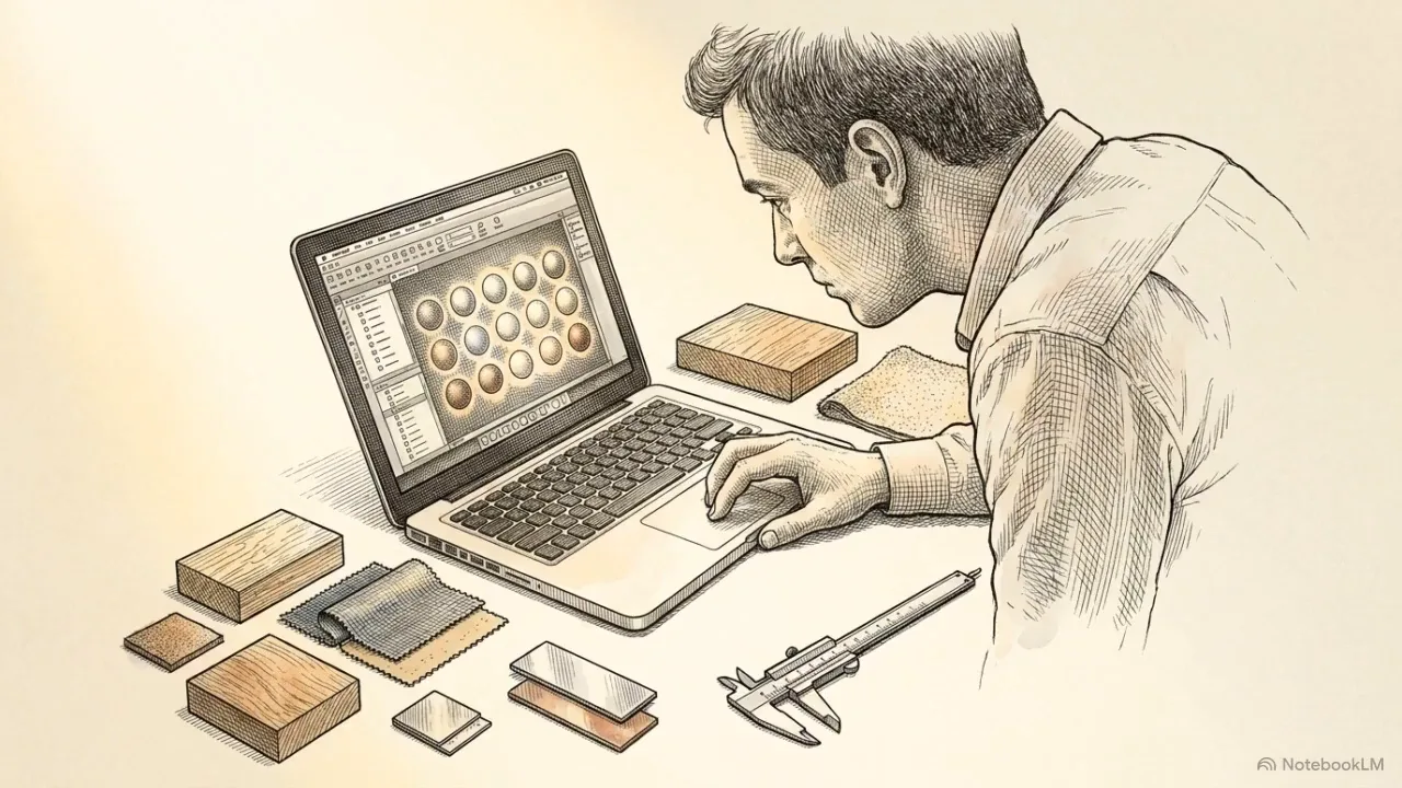 Designer at a laptop with material swatches scattered across the desk — the studio as the place where the database becomes a build.