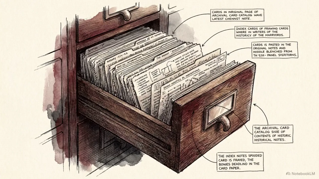 Open archival card-catalog drawer with hand-written index cards — voices as cited entries in the library's polyphony.