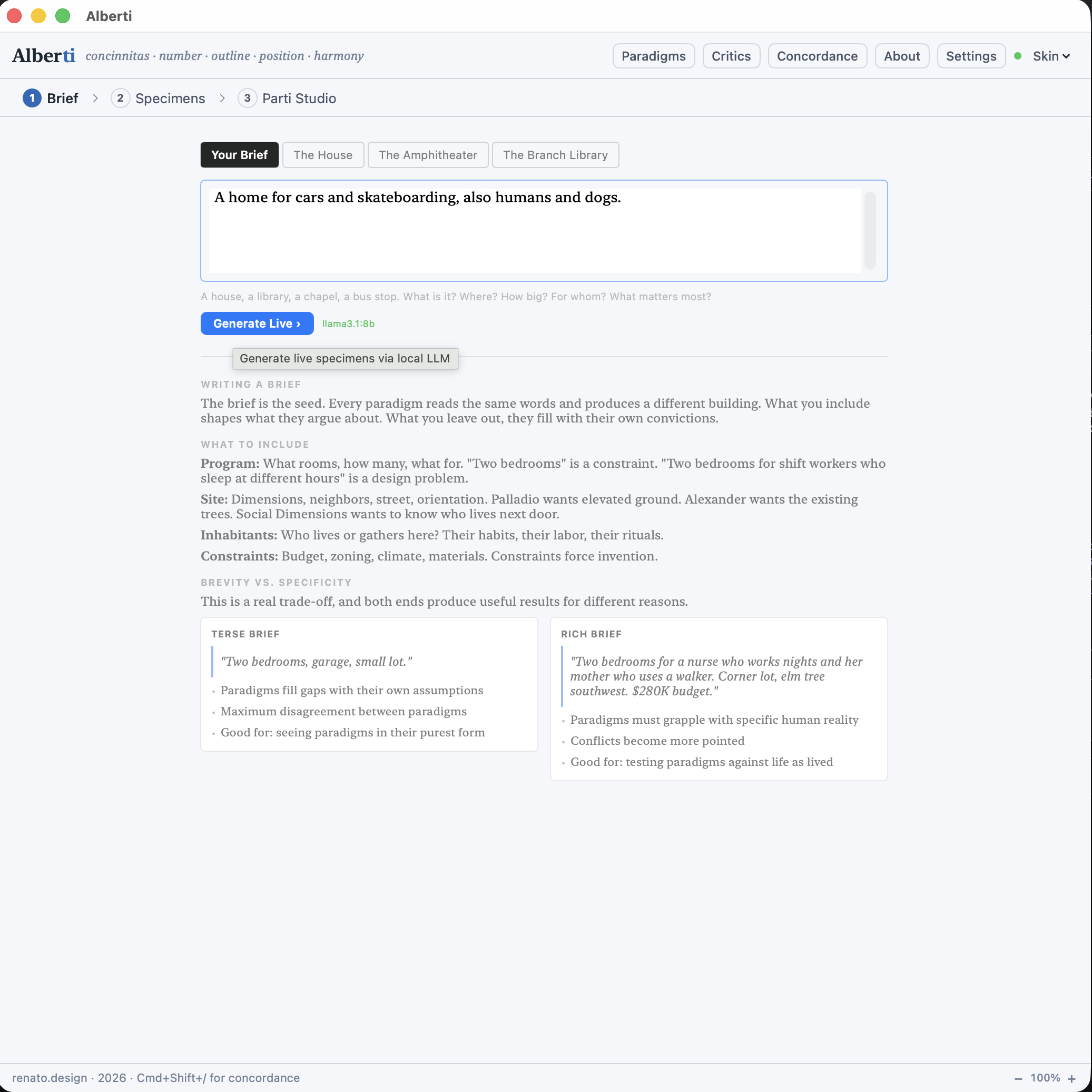 Alberti workspace — architectural inquiry tool in progress