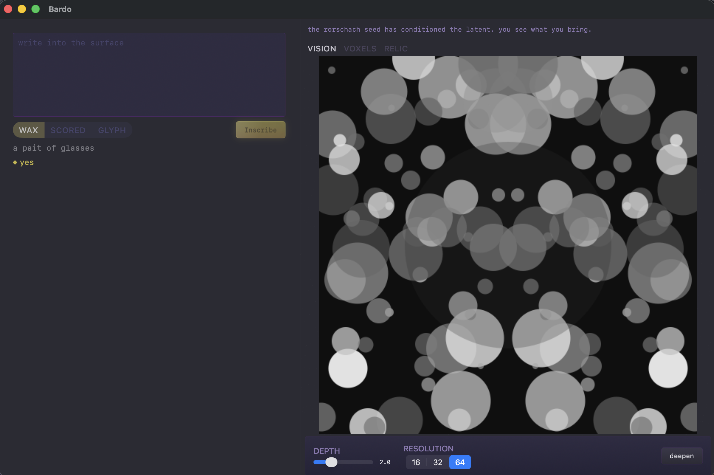Bardo workspace — text-to-3D inscription and excavation