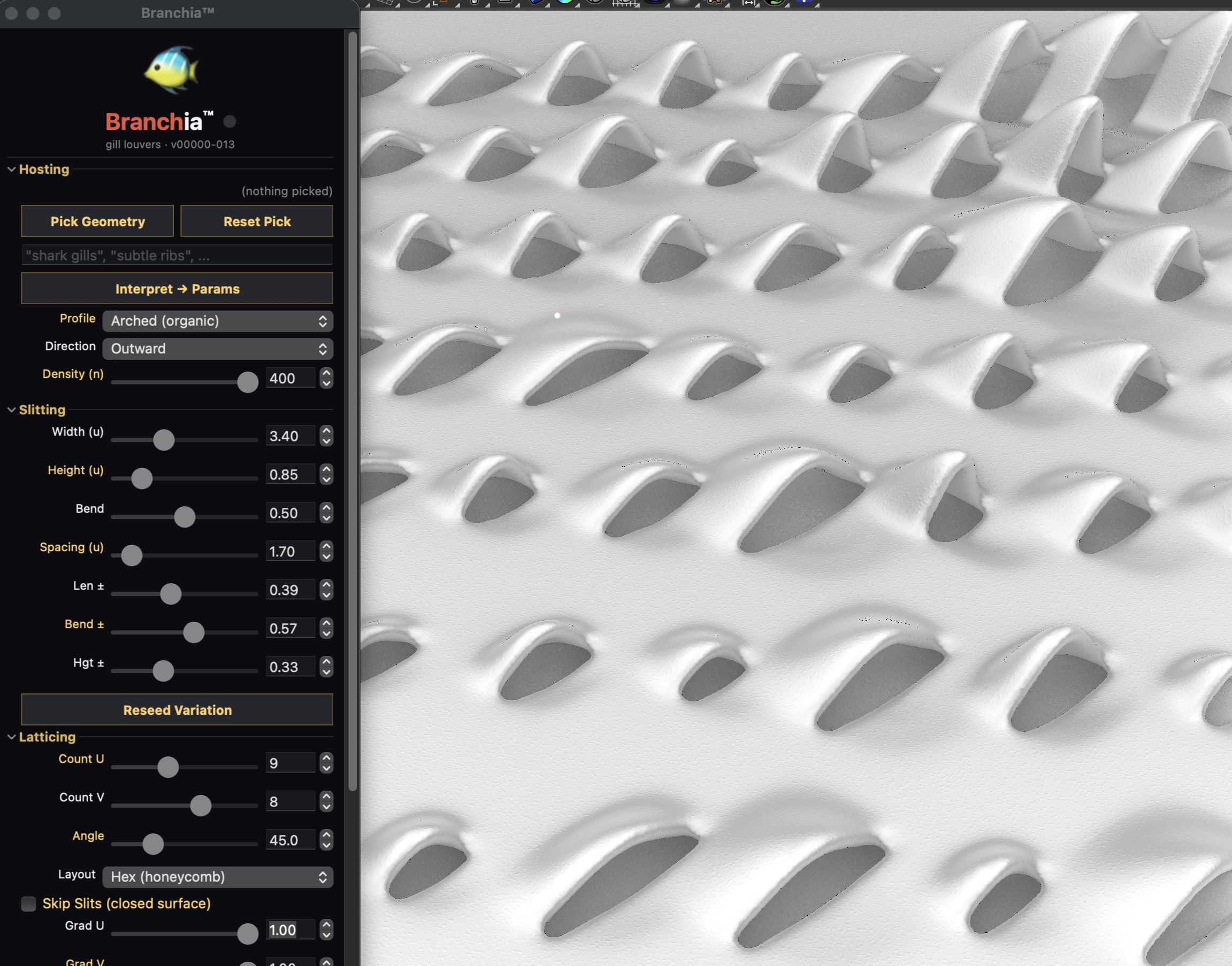 Branchia workspace — parametric gill louvers for Rhino