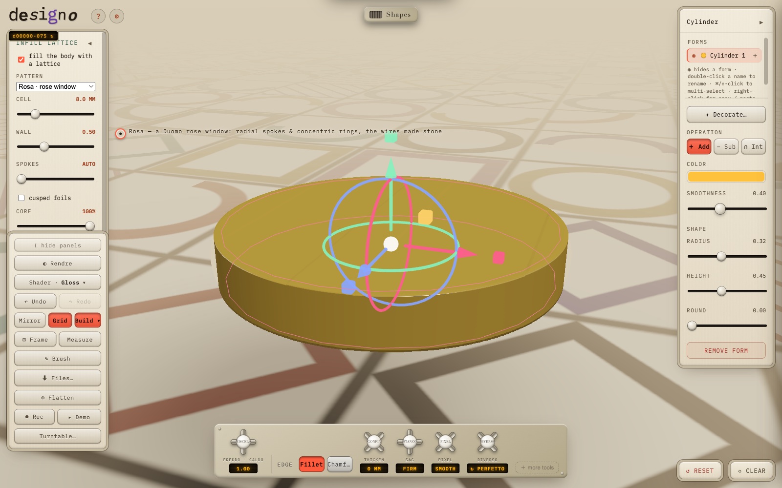 Designo's Grata tool in Rosa mode — a gold disc with a rose-window caption describing its radial spokes and rings