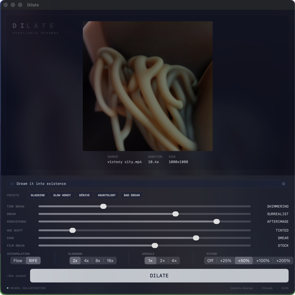 Dilate main interface — gradient sliders, presets, video source loaded with victory_city.mp4