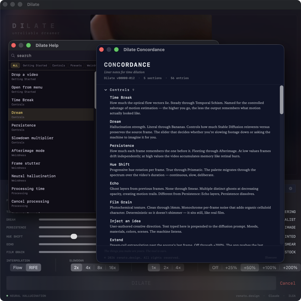 Help panel and Concordance panel overlaid on the main interface