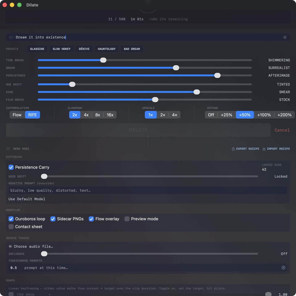 Nerd mode open showing advanced controls — Persistence Carry, ouroboros, sidecar PNGs, flow overlay, ramps