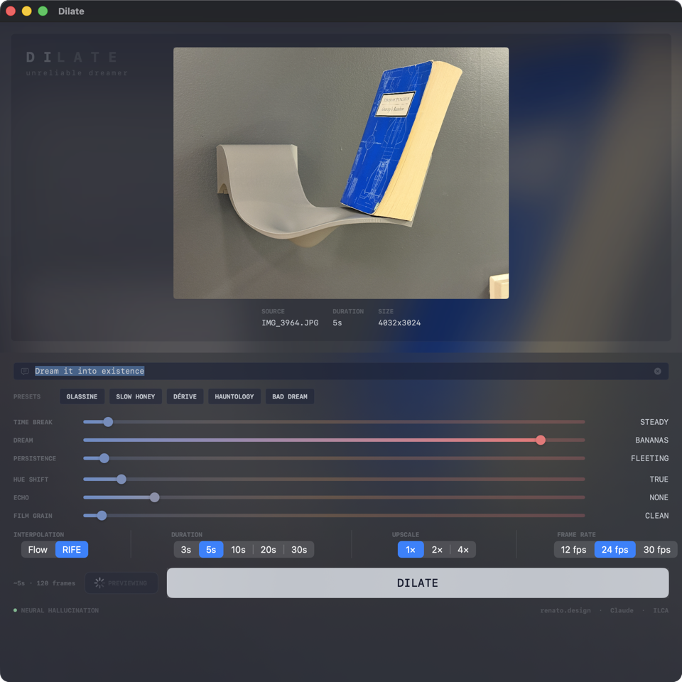 Single still loaded — contextual DURATION and FRAME RATE controls, Time Break locked out, Dream at Bananas