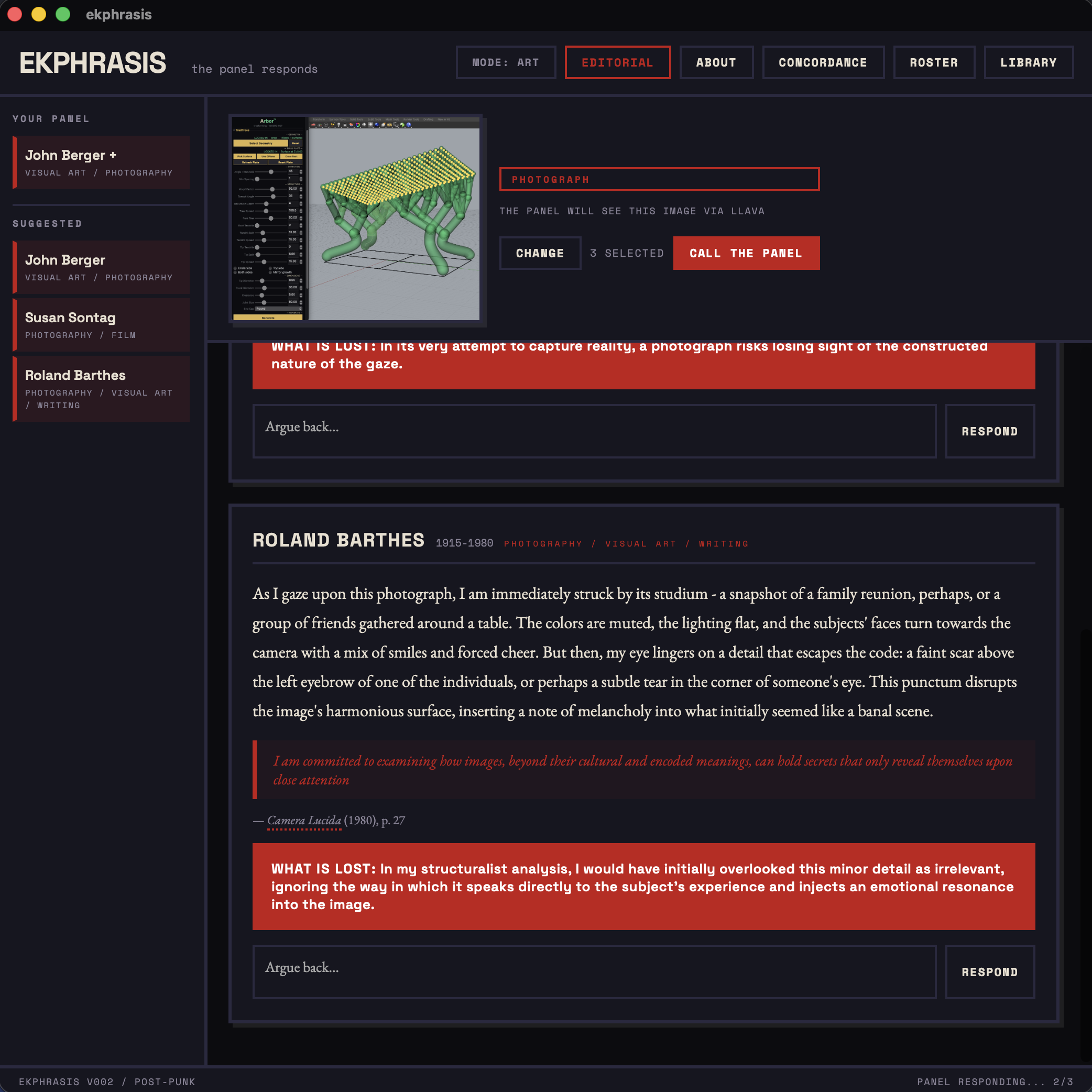 ekphrasis workspace — twenty-five-voice critical response instrument