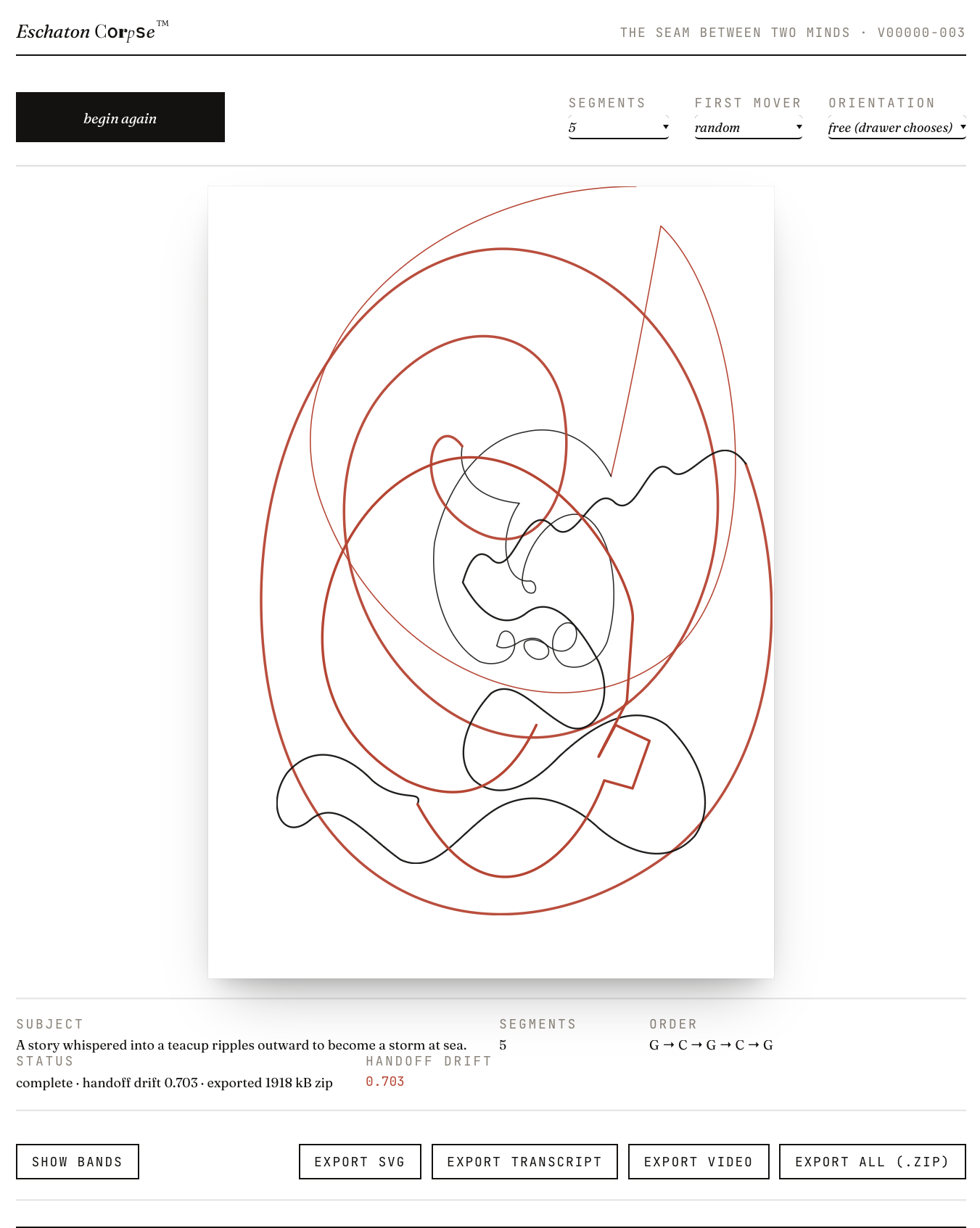 The eschaton corpse app in its complete state, showing the finished drawing and meta sidebar with handoff drift