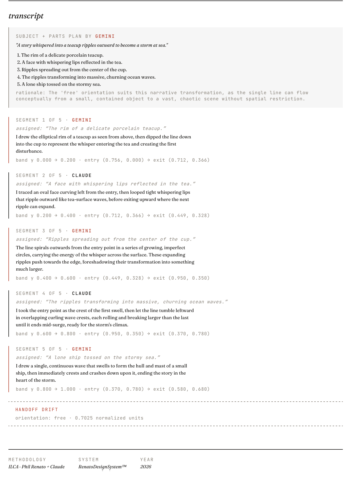 The transcript panel below the drawing, showing the subject, parts plan, and per-segment reasoning