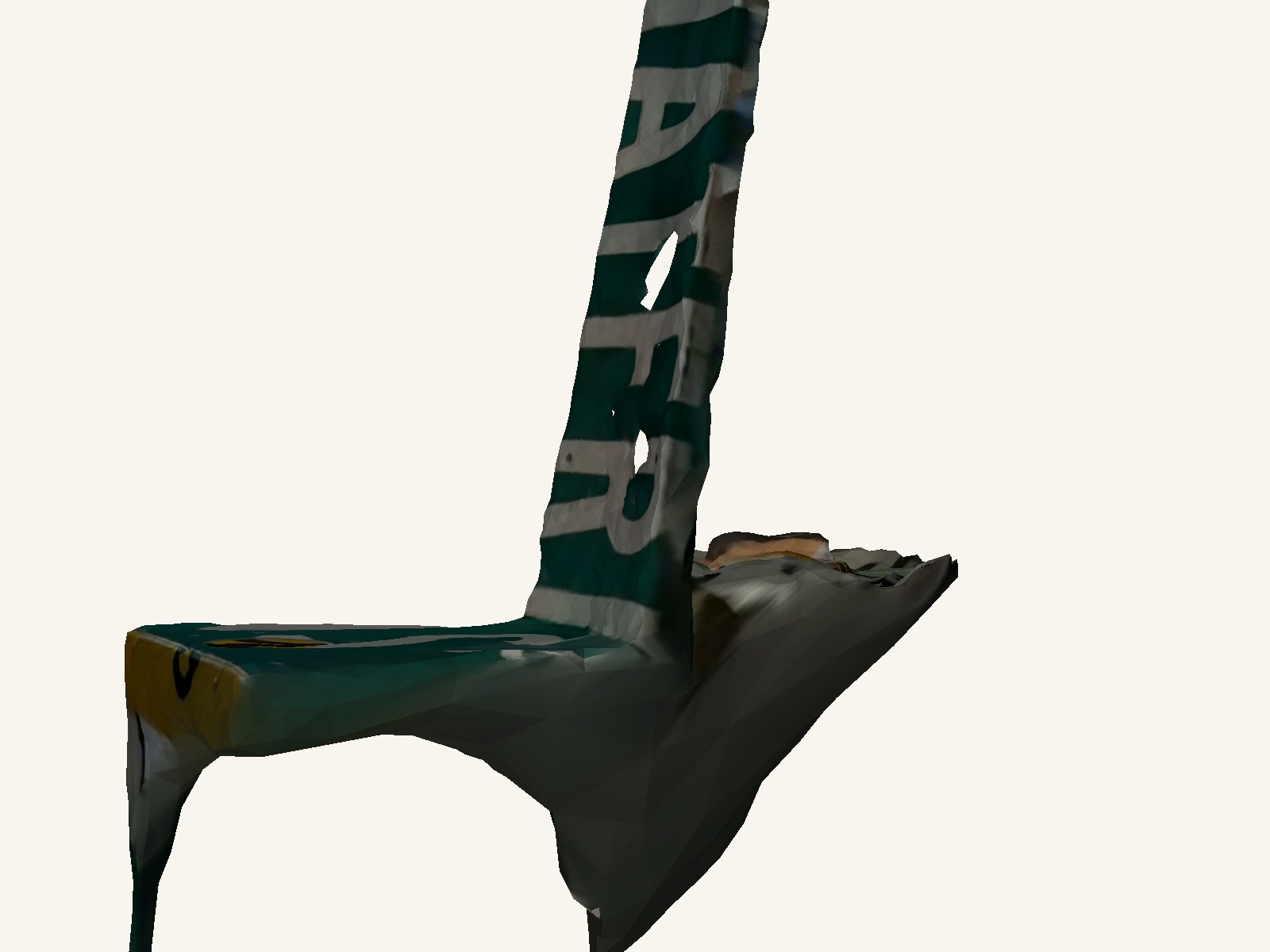 A three-quarter view rendered from a photogrammetry scan: a chair made from bent and riveted reclaimed street-sign aluminum, with vertical WATER lettering on the back panel.