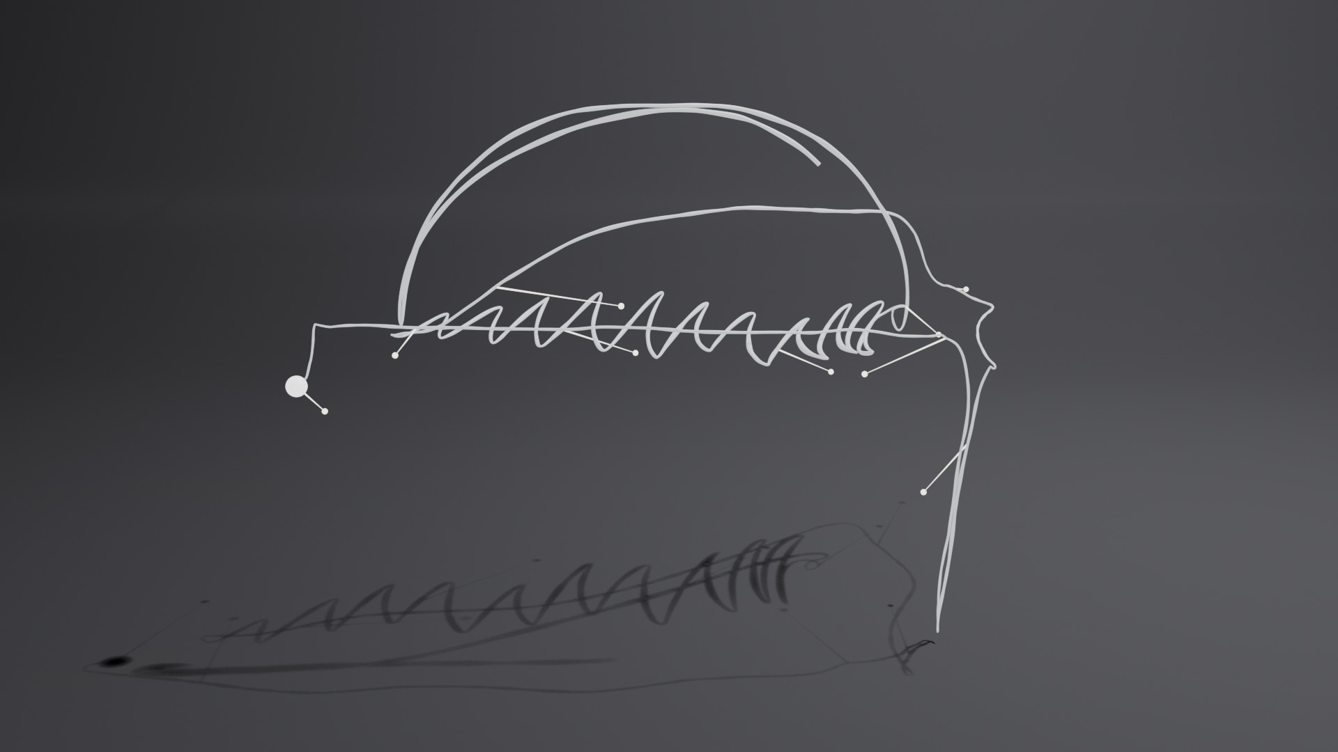 A 3D rendering of an emergent trace floating above a soft cyclorama backdrop. A horizontal trail along the ground level branches upward into a dome of six or seven overlapping arm-circle loops. Thin attention beams shoot down and outward from points along the path, indicating where the head was facing at sampled moments. A directional sun casts a long soft shadow across the cyclorama floor.