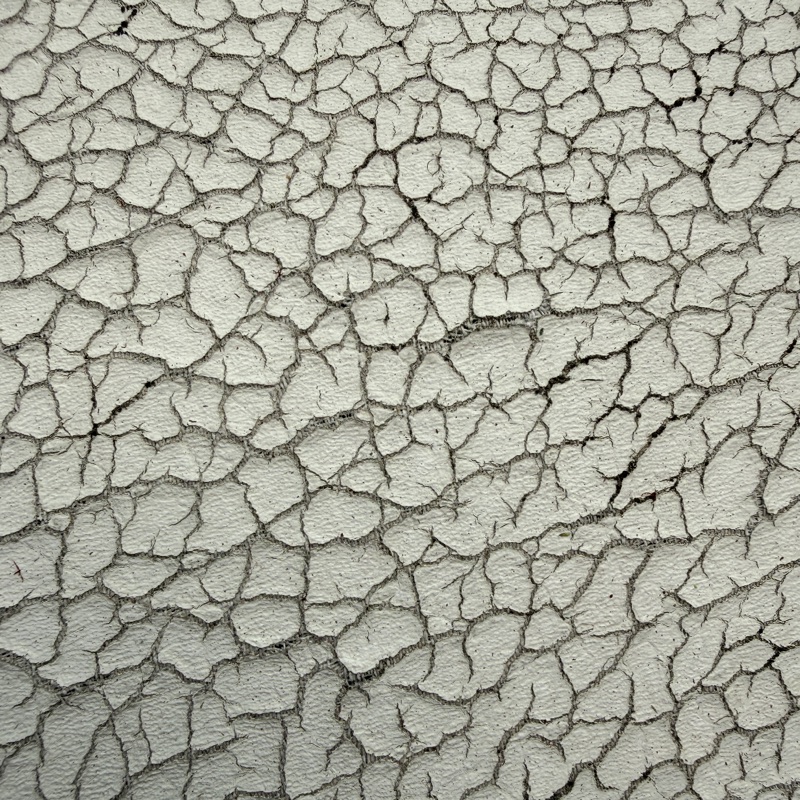 A close-up macro photograph of a white-to-off-white coated surface broken into hundreds of small polygonal plates by hairline cracks, with a fine diagonal ridged grain visible in the unbroken plates and pale fiber-like wisps standing up at several crack junctions.