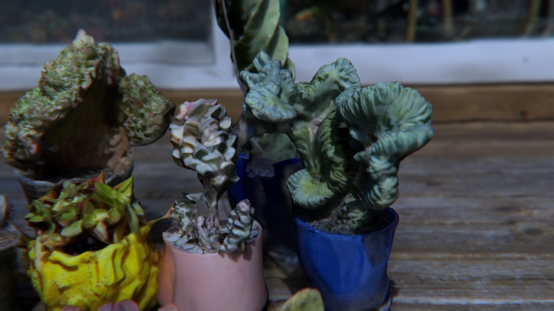 A close-up KeyShot textured render: a yellow glazed ceramic pot at lower-left holding a stressed dark succulent; a pink glazed ceramic pot at center with a contorted plant in it; a cobalt-blue glazed ceramic pot at right holding a large frilled blue-green cristate succulent; a tall twisting columnar form rising in the middle distance; weathered deck planks below; a window mullion and softly defocused interior visible behind.