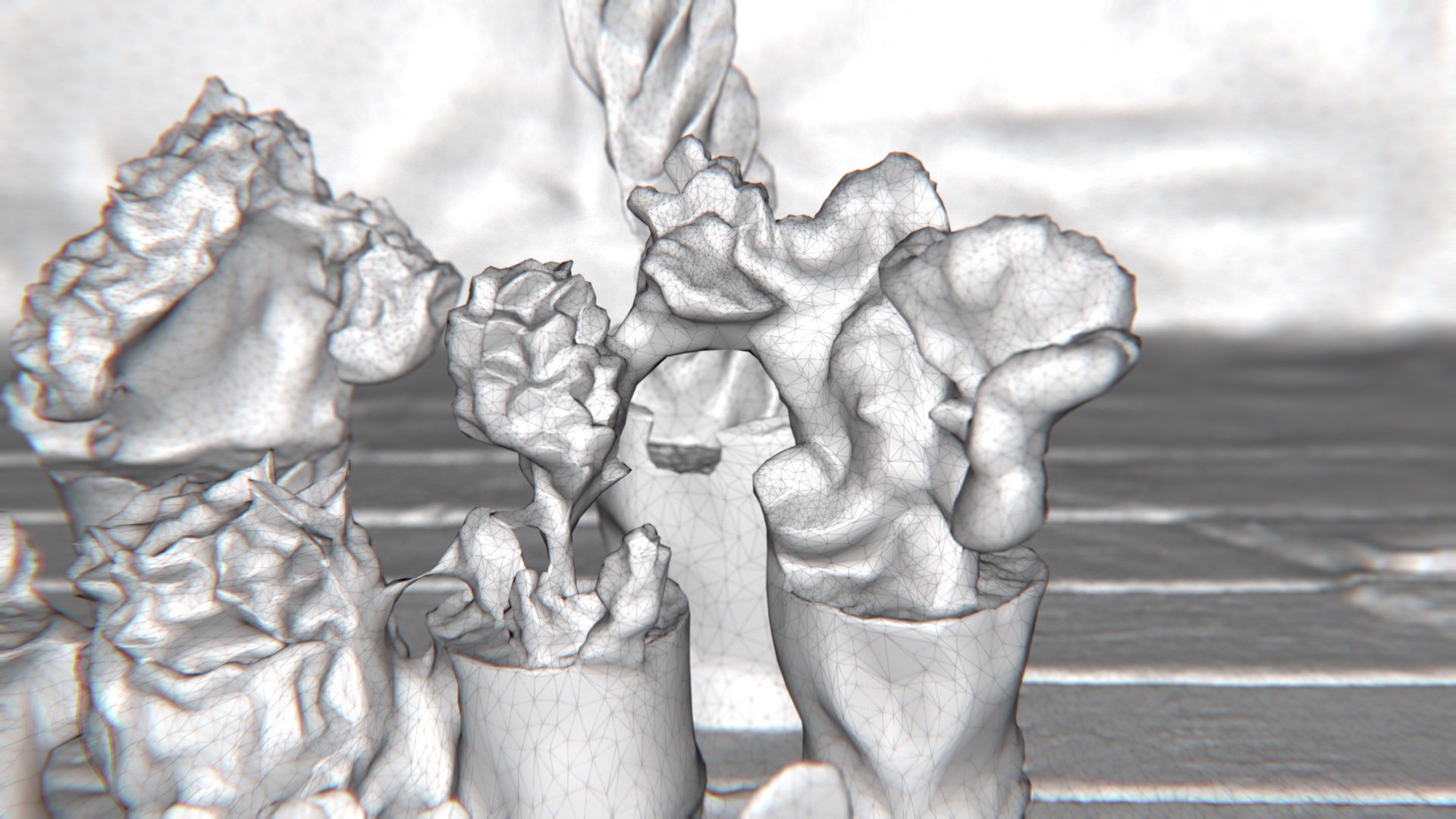 A close-up KeyShot render of the same scene: the mesh shaded as soft matte clay with a fine triangle wireframe drawn on top. A columnar form rises up the center, rosettes flank it on either side, deck planks read clearly below, a soft sky-like backdrop above. A slight chromatic fringe on the left edge.