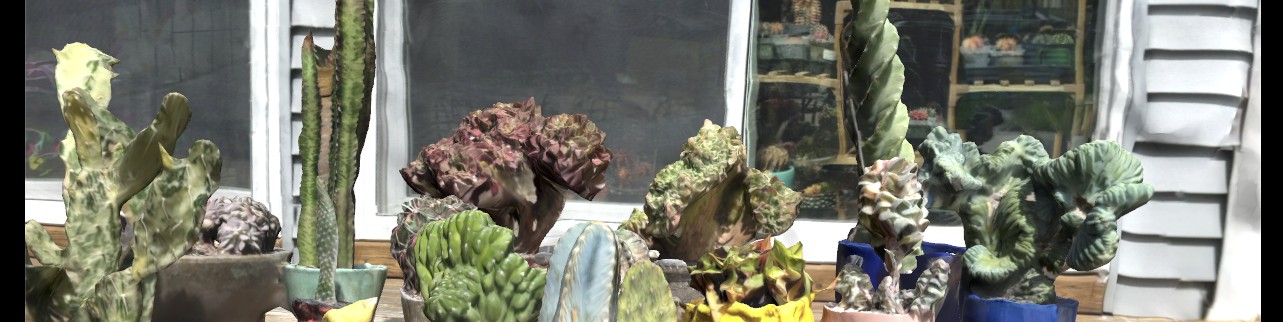 The Mac-reconstructed scene at full detail: a wide porch garden with multiple cacti and succulents in many different ceramic pots, two tall windows behind reflecting more plants on shelves inside, weathered wood deck below, white siding to the right.