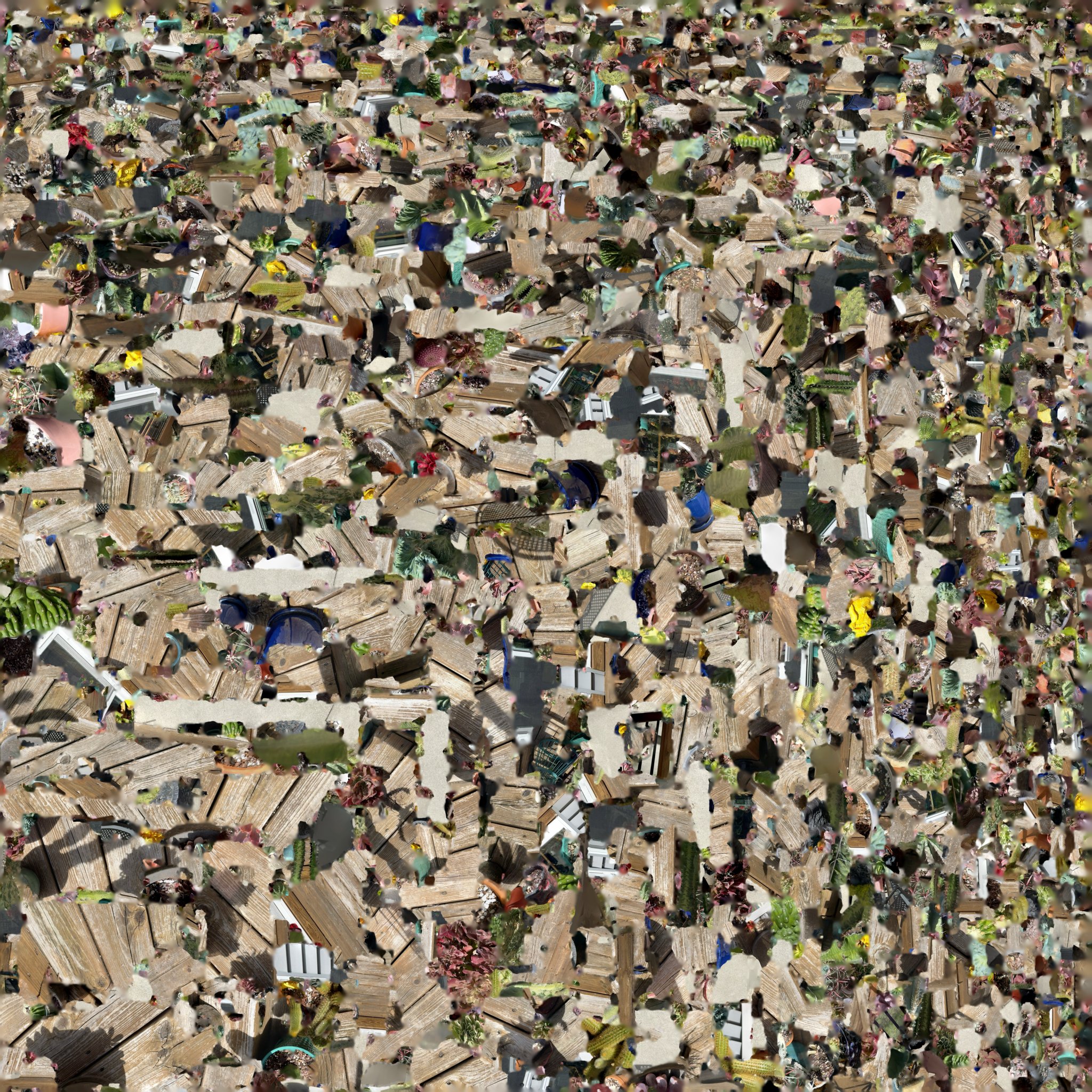 The flat UV texture atlas: an 8,192 by 8,192 pixel image showing thousands of small irregular shapes — fragments of pots, leaves, deck planks — packed tightly together against a white background like a quilt of trapezoidal scraps.
