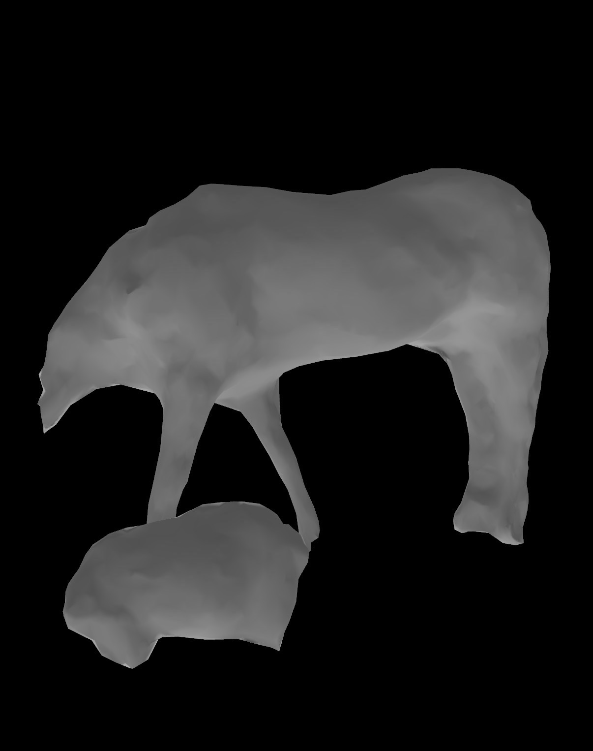 A matcap-rendered 3D model: an animal in a bowed pose, head lowered, neck stretched, weight on the front legs, over a small mound on the ground. Gray monochrome shader, no diffuse, no textures; the surface shows lumps and planar facets the mesh never had smoothed.