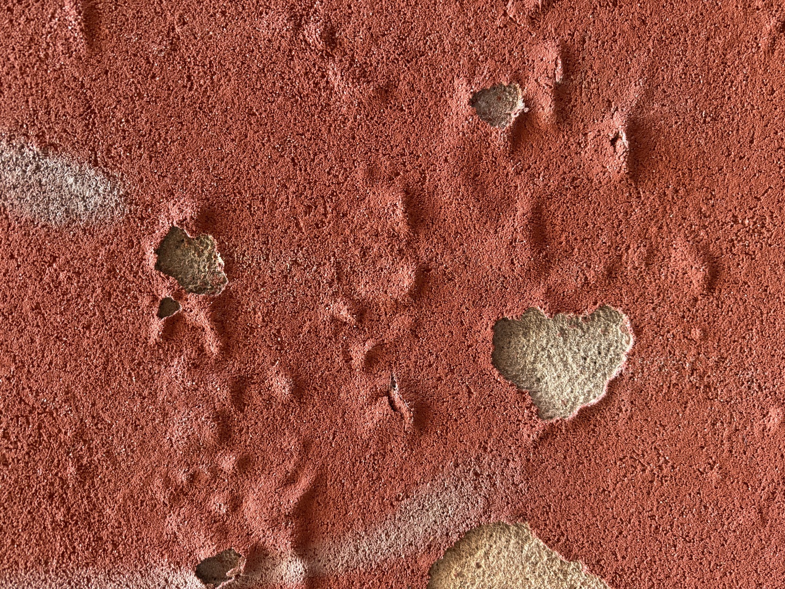 A textured exterior wall finished in a dry, matte iron-oxide red render. In several patches the colored coat has flaked away to expose the pale tan and gray aggregate body beneath; a whitish bloom sits at the left edge. Raking afternoon light throws a fine shadow off every grain.