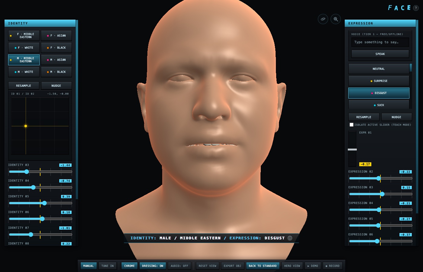 FACE's WebGPU Advanced Render tier showing ceramic teeth and skin material rendered with basic per-part separation, mouth open in an expression preset