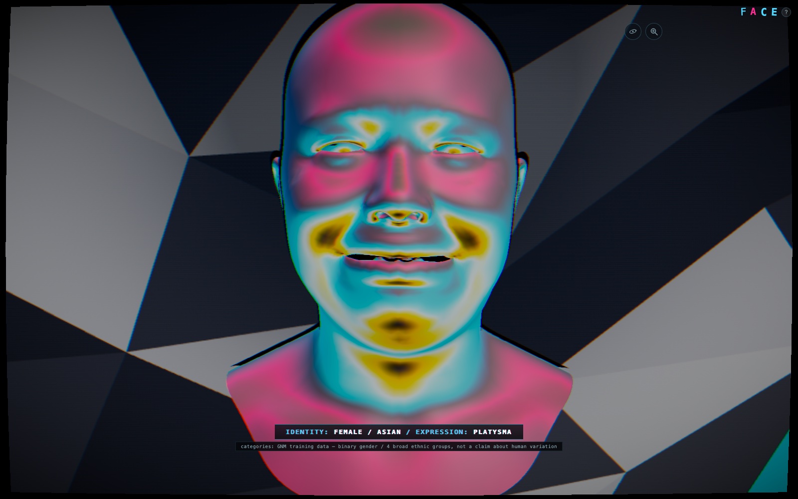 FACE in Broadcast mode — auto-cycling identity and expression combinations, no manual controls