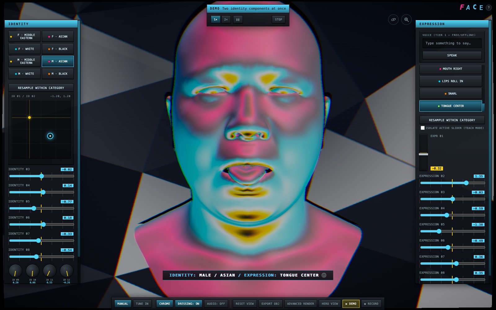 FACE's guided demo tour running — a glowing autopilot cursor dragging a real slider, demo transport HUD visible at top center