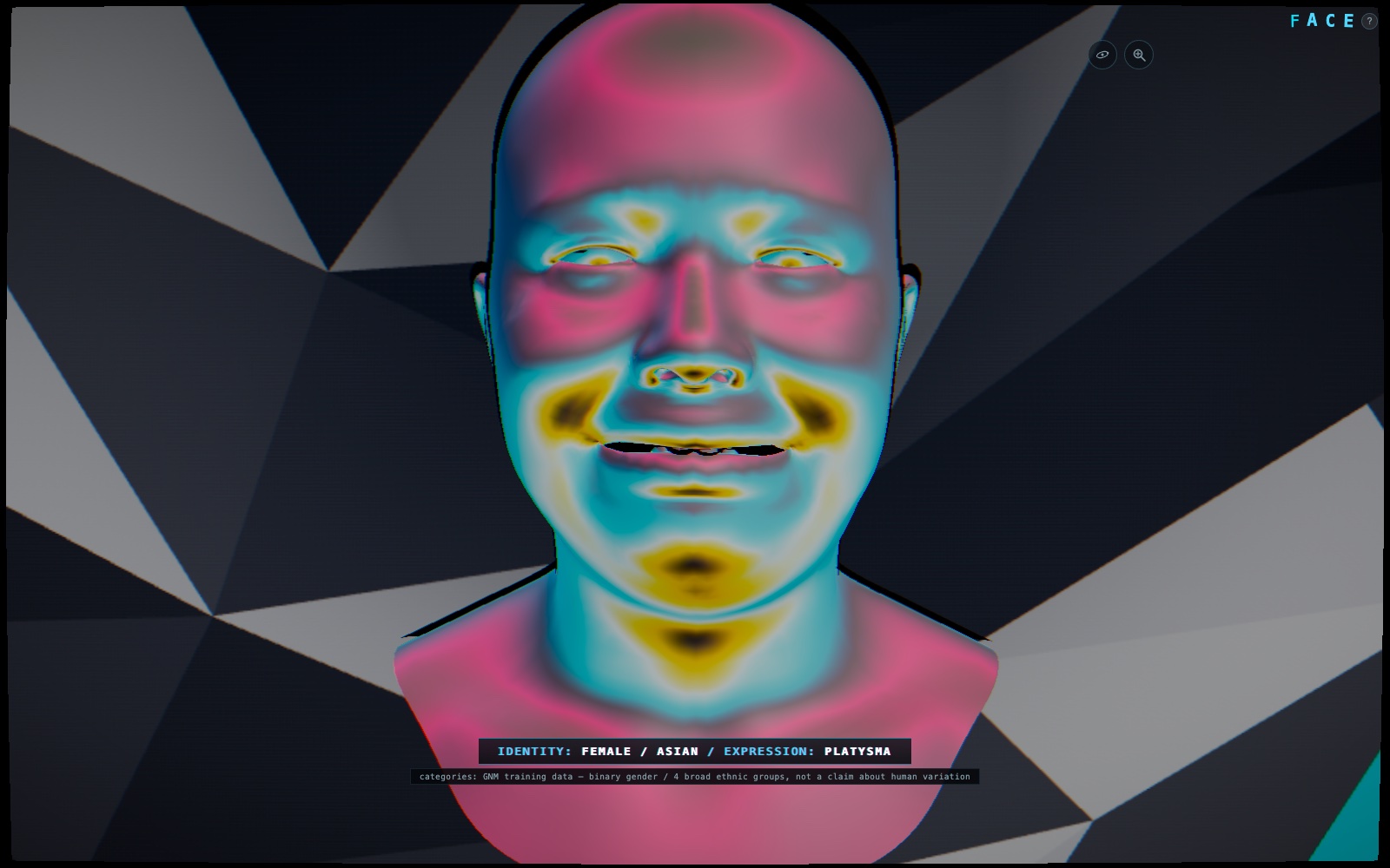 FACE in Hero view — a live statistical face rendered in false-color chrome, dazzle-camouflage backdrop, minimal chrome