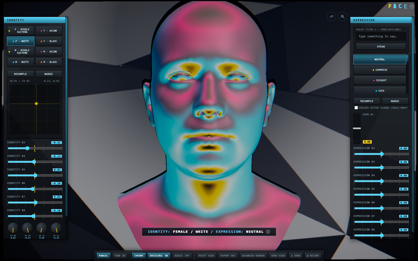 FACE's Manual mode — identity and expression instrument panels flanking a live composite face, dazzle-camouflage backdrop behind it