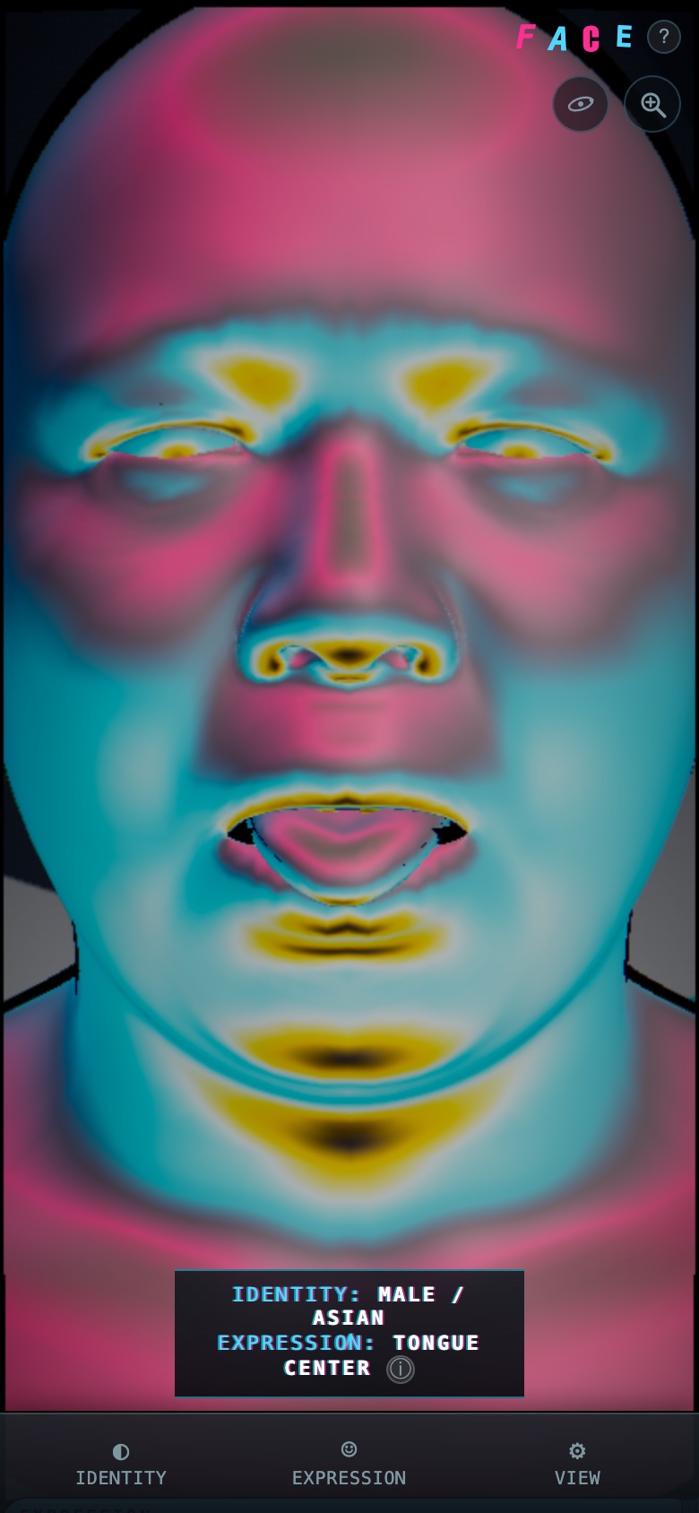 FACE on a phone-sized viewport — bottom sheet tabs for Identity, Expression, and View replacing the desktop's side panels