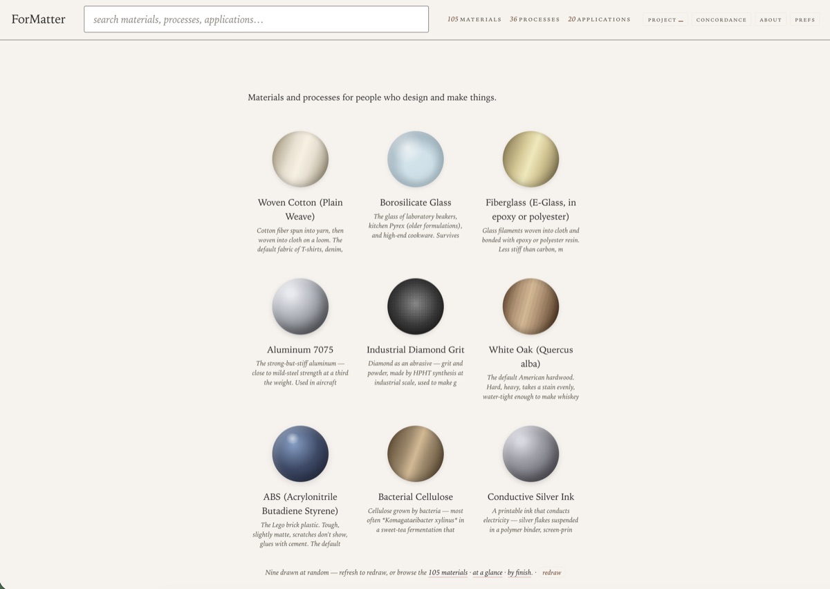 ForMatter landing — sphere palettes for nine materials drawn at random, with the tagline 'Materials and processes for people who design and make things' above and a redraw button below