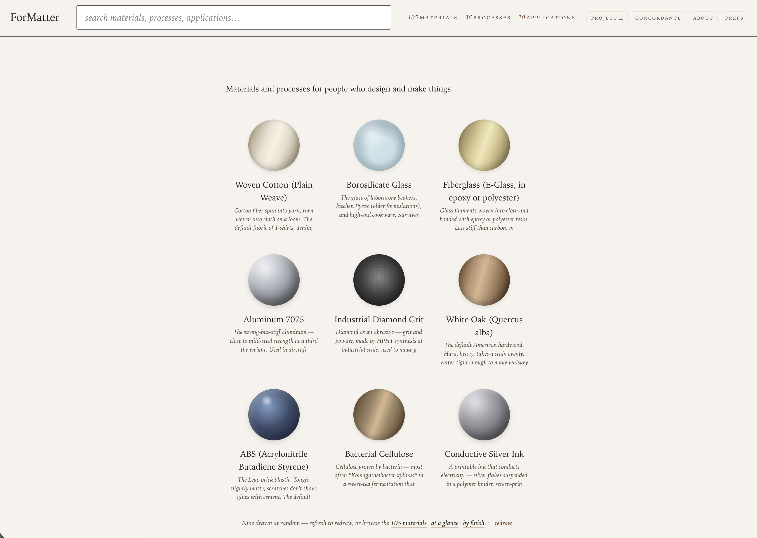 ForMatter landing — sphere wall of nine materials at random, each a small tile with name and one-paragraph description