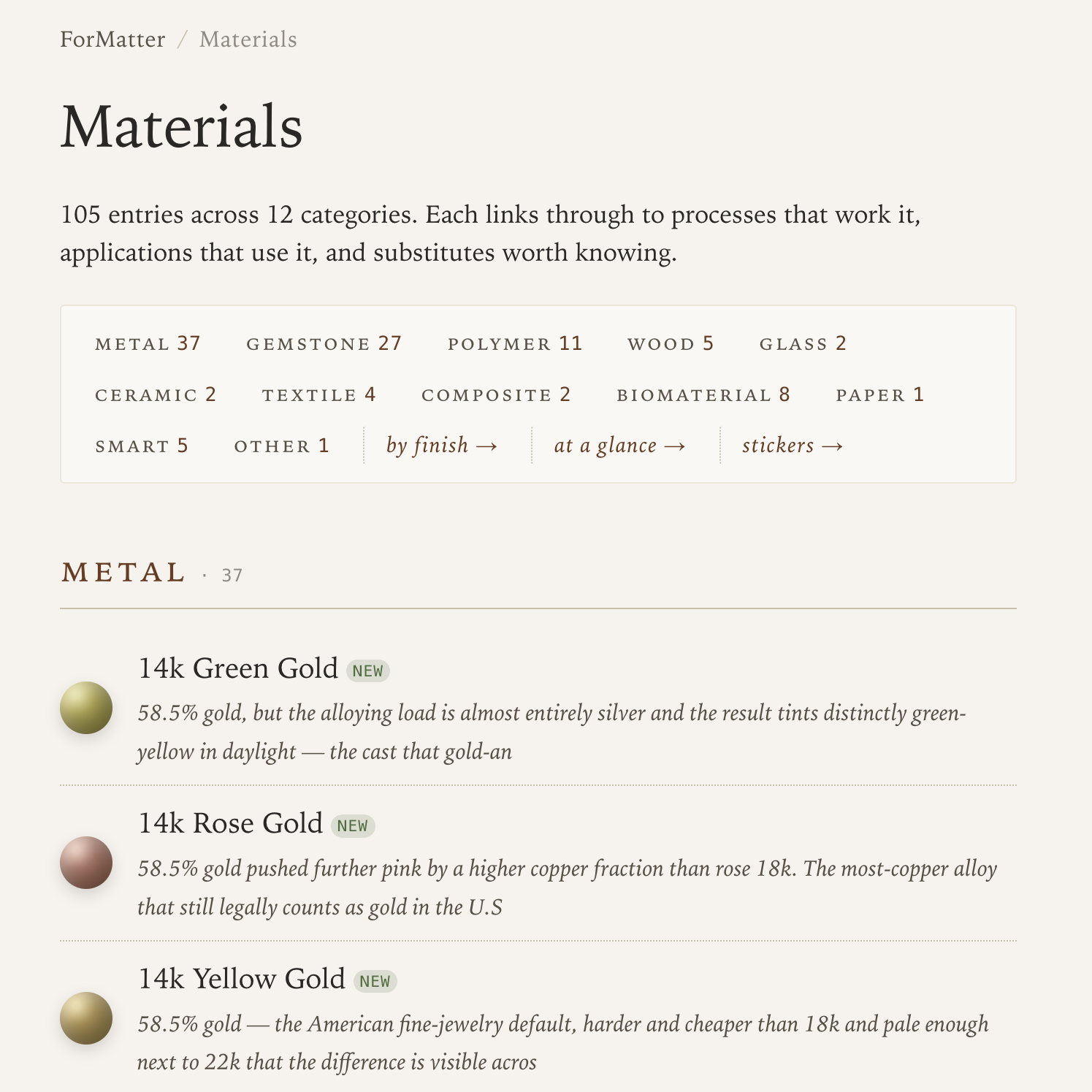 ForMatter Materials index — 119 entries across 14 categories, with category chips and per-finish facets, then the metal subset listed beneath