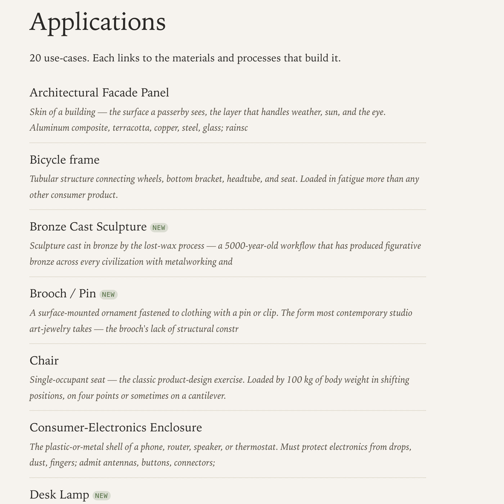 ForMatter Applications index — 20 use-cases including bicycle frame, brooch, chair, consumer-electronics enclosure, desk lamp