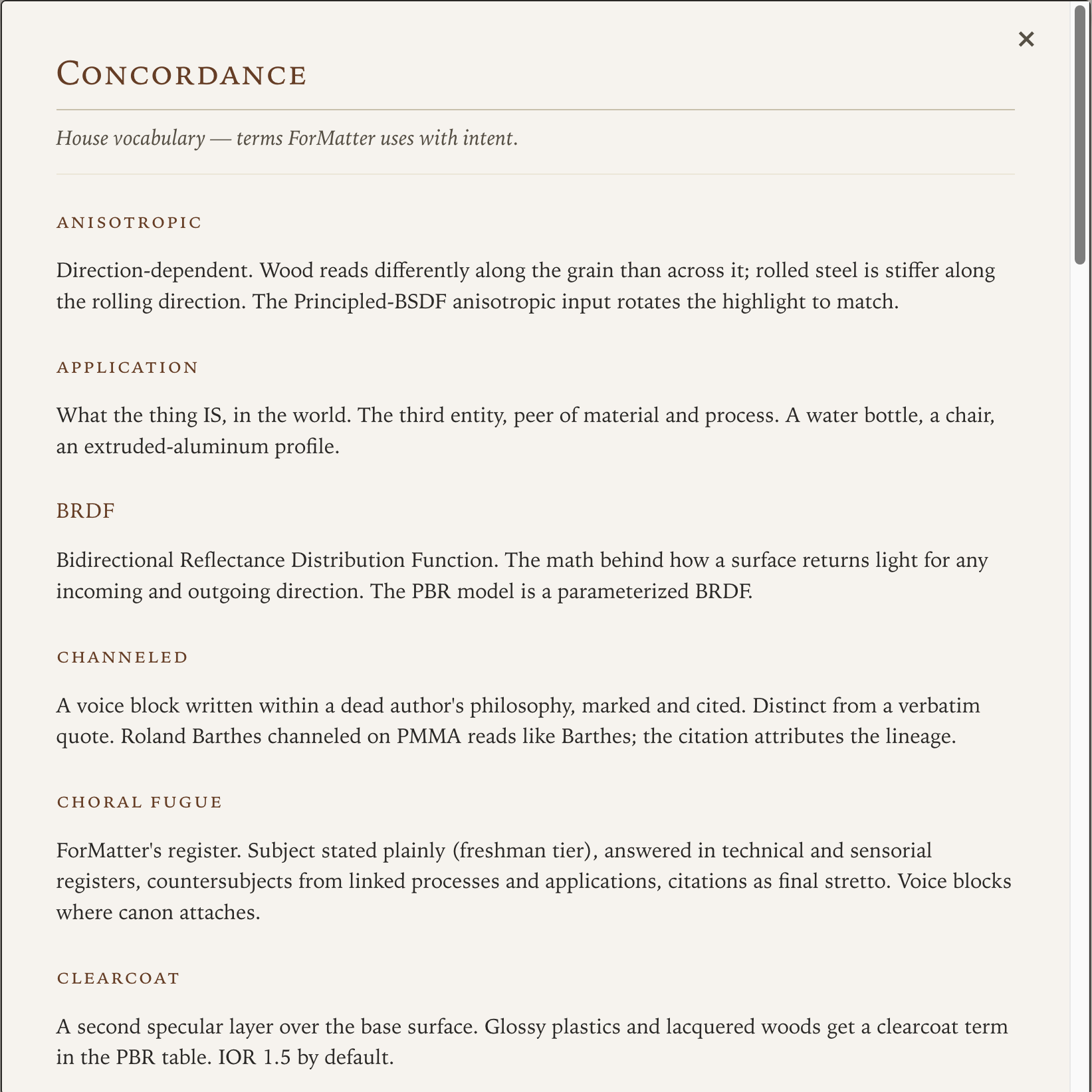 ForMatter Concordance panel — house vocabulary including anisotropic, application, BRDF, channeled, choral fugue, clearcoat