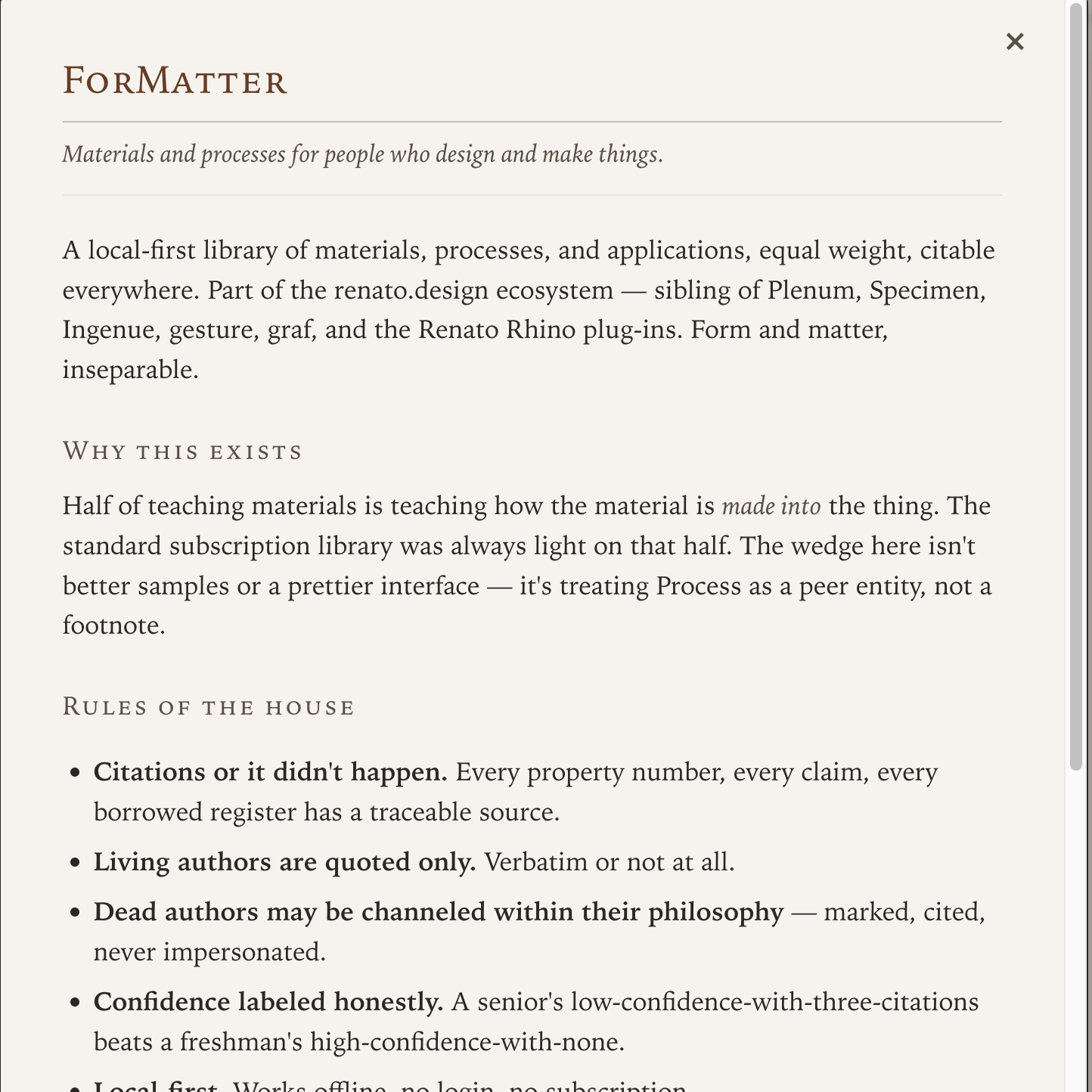 ForMatter About panel — explaining what the library is, why it exists, and the rules of the house