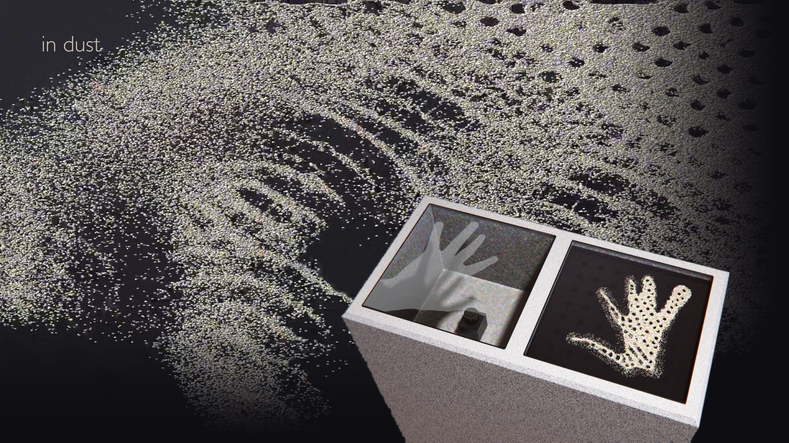 In Dust, 2026&nbsp;- proposed sand instrument. A pale plinth with two wells, a hand pressed to a glass reading plate in one and the same hand formed in sand in the other, over a dark plate of sand vibrated into ridges.