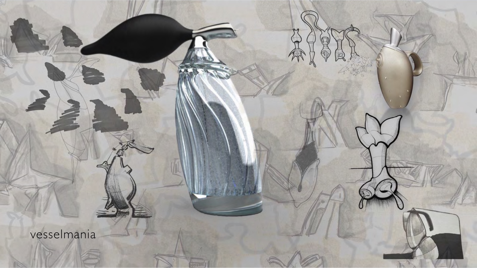 Portfolio page: vesselmania, 2005–2025 — Sketches and 3D renderings of perfume atomizers and other vesselforms.