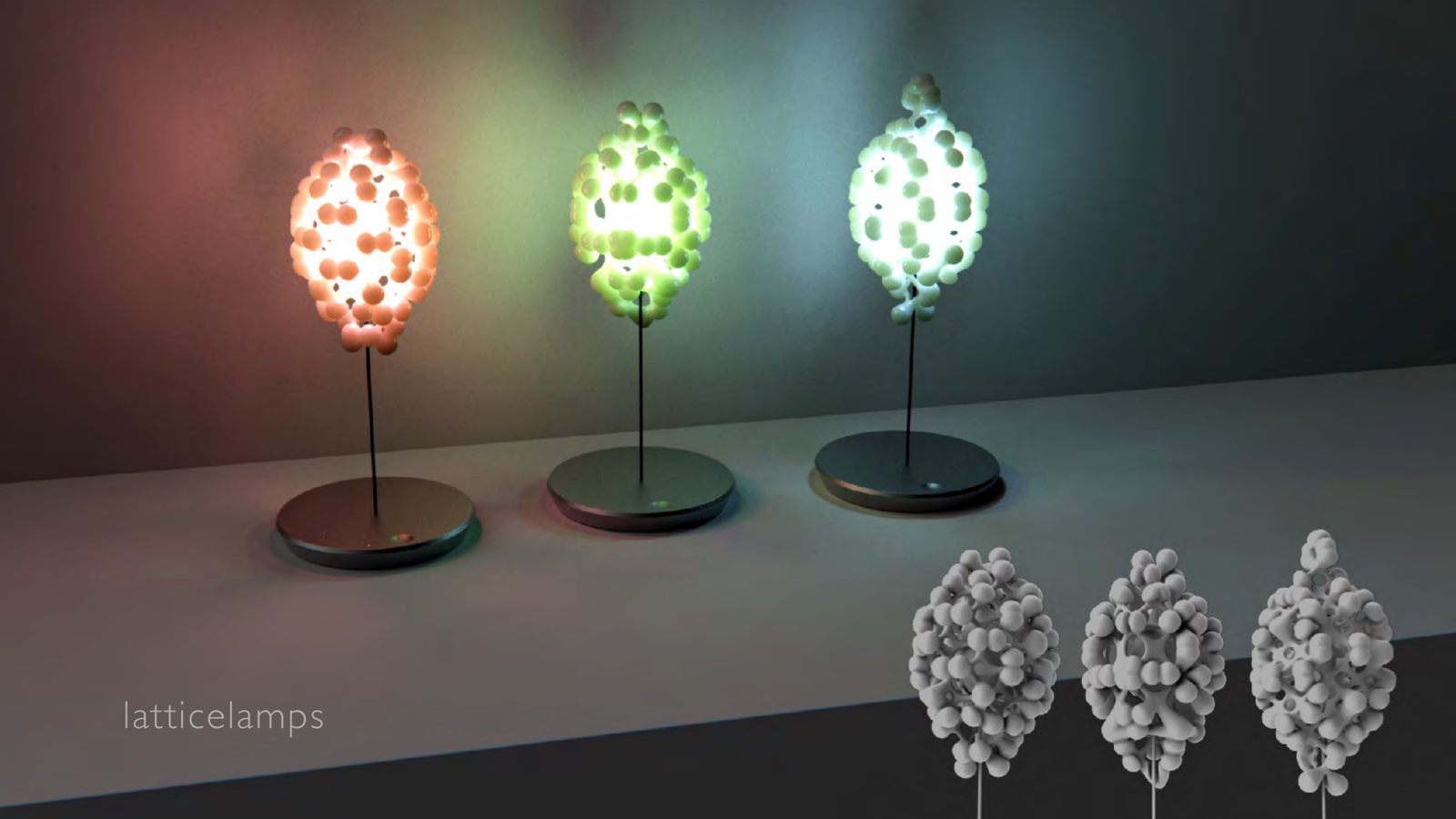 Portfolio page: latticelamps, 2019 — 3D renderings of ambient LED lighting with varying lattice shade studies.