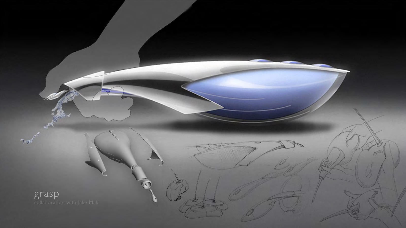 Portfolio page: grasp, 2006, collaboration with Jake Maki — Sketches, digital painting, 3D model of a silver and silicone water vessel concept.