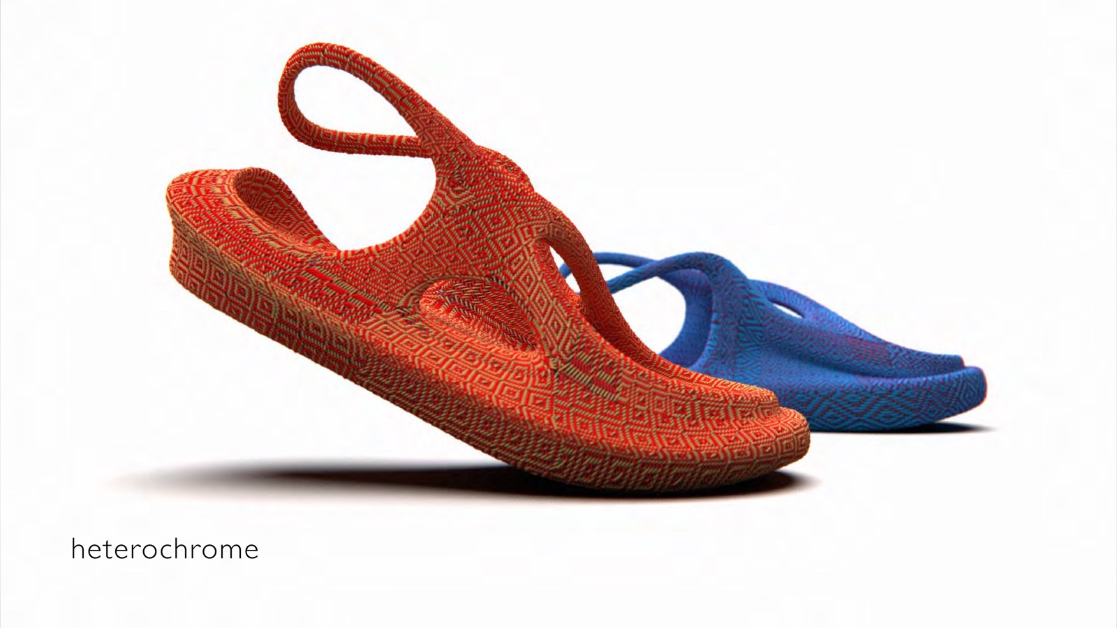 Portfolio page: heterochrome, 2022 — 3D rendering of knit fabric and foam sandal concept.